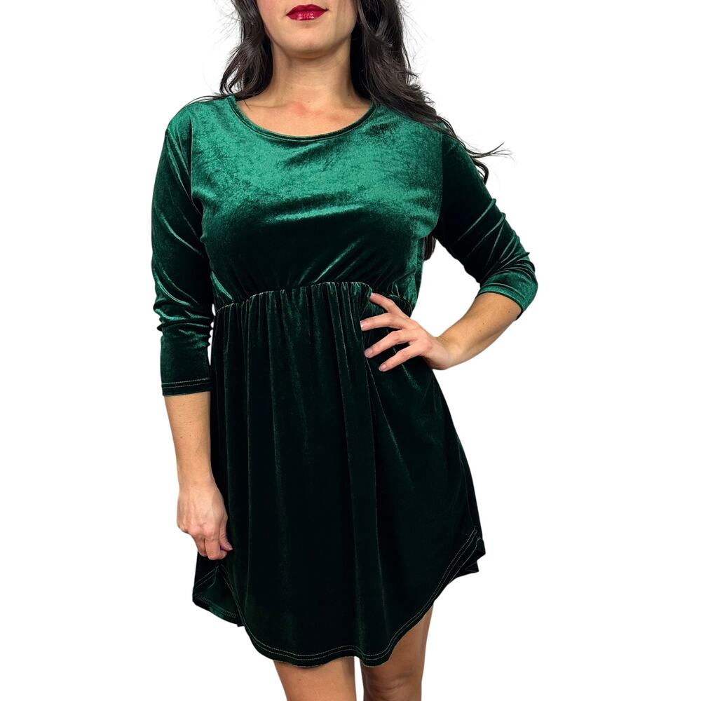 Amaryllis Forest Green Velvet Empire Waist 3/4 Length Sleeve Dress